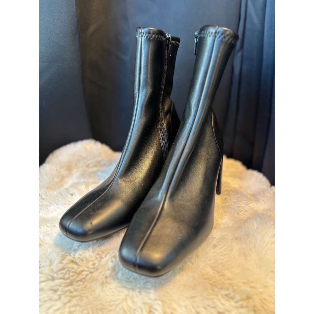 A New Day Black Faux Leather Square Toe Block Heel Sock Ankle Boots Size 7.5